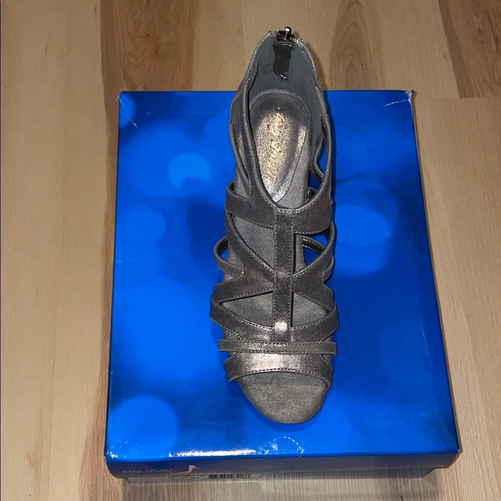 easy street Metallic Gray Strappy Open-Toe Heel